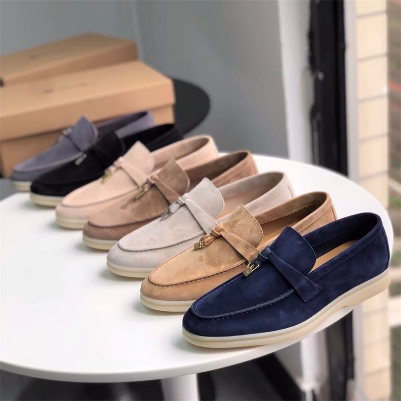 

Summer Walk Shoes Kid Suede Women Loafers Casual Moccasin Genuine Leather Soft Sole Comfortable Metal Lock Slip On LP Flat Shoes 220507