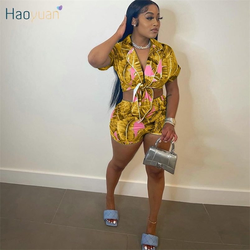 Haoyuan laisse imprimer des ensembles de deux morceaux Femmes Shirts de bouton à manches courtes Tops et shorts de motard tenues de vacances sexy