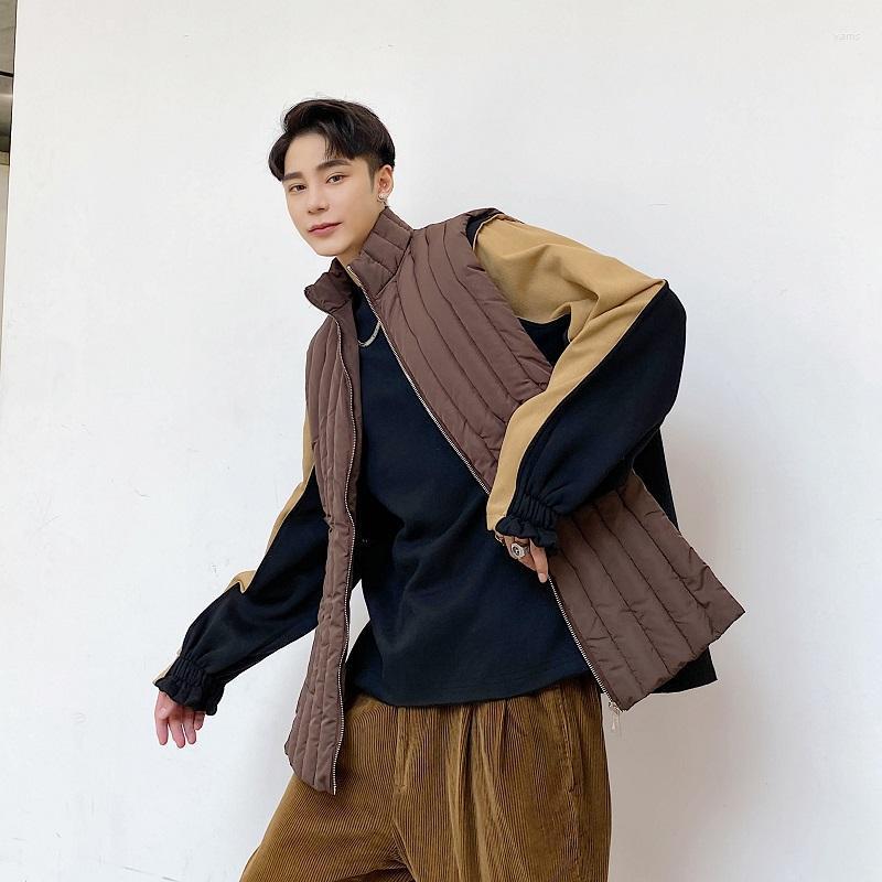 

Male Women Japan Korea Streetwear Fashion Show Casual Waistcoat Jacket Men Winter Cotton Padded Thicken Vest Coat Men's Vests, 3808 brown