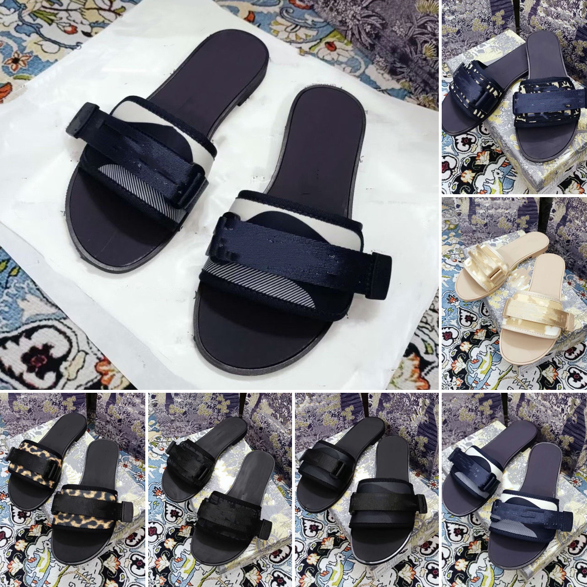 Designer D Luxury Femmes Slippers Sandales Cabretta Sole intérieure broderie plate pantoufle éraflue boucle d'été basse talon les talons de talon