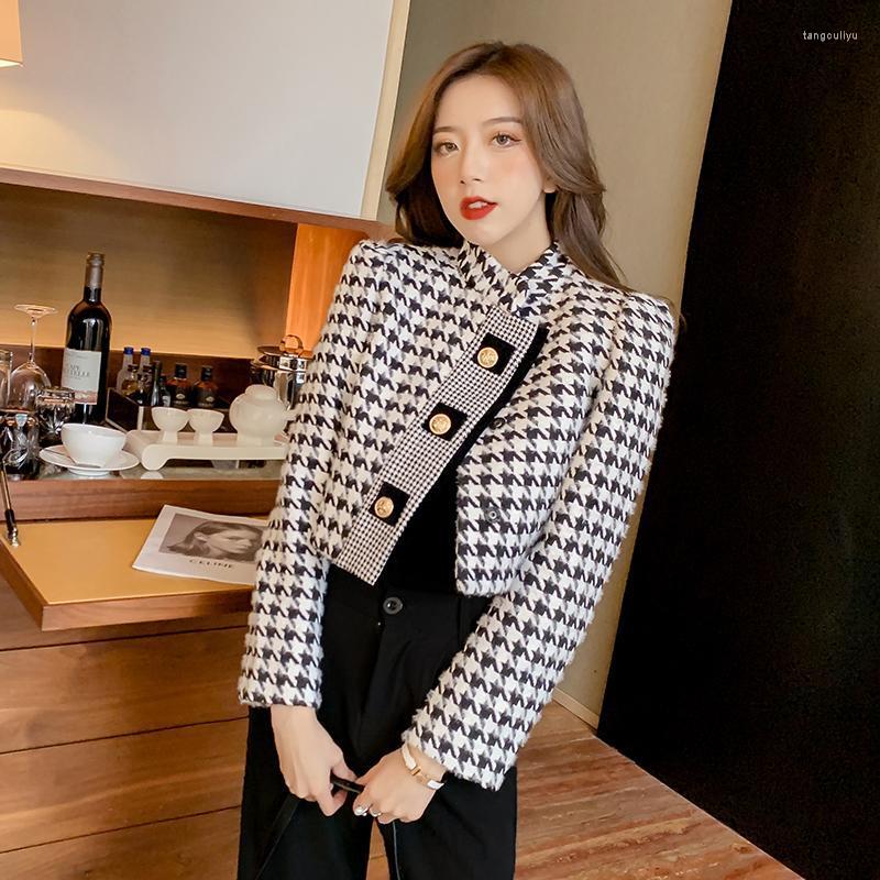 

Women' Jackets Crop Jacket 2022 Autumn Women Long Sleeve Houndstooth Stand Neck Office Lady High Street Elegant Coat, Black