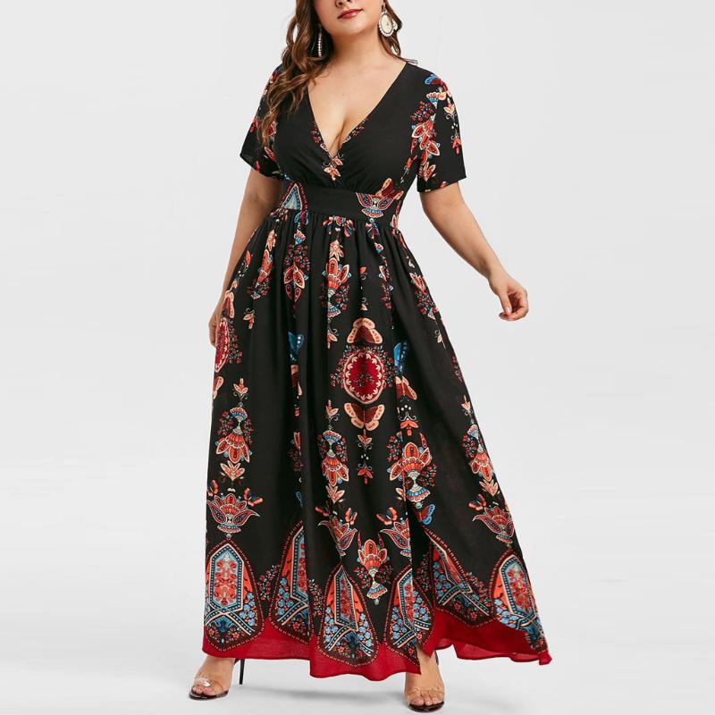 

Plus Size Dresses Woman Dress Vintage Women Clothing Fashion Butterfly Printed V-neck Short Sleeve Casual Long Robe Femme Vestidos, Black