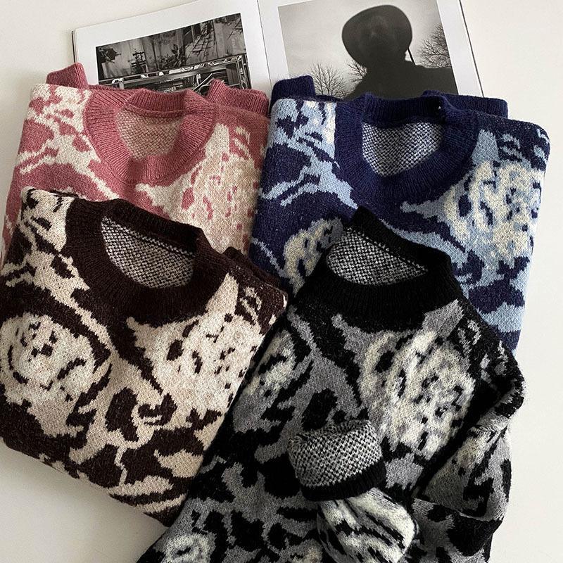 

Women's Sweaters Design Knit Rose Flower Sweater Women Jumpers Fashion 2022 Autumn Winter Female O Neck Long-sleeved Loose Top, Black