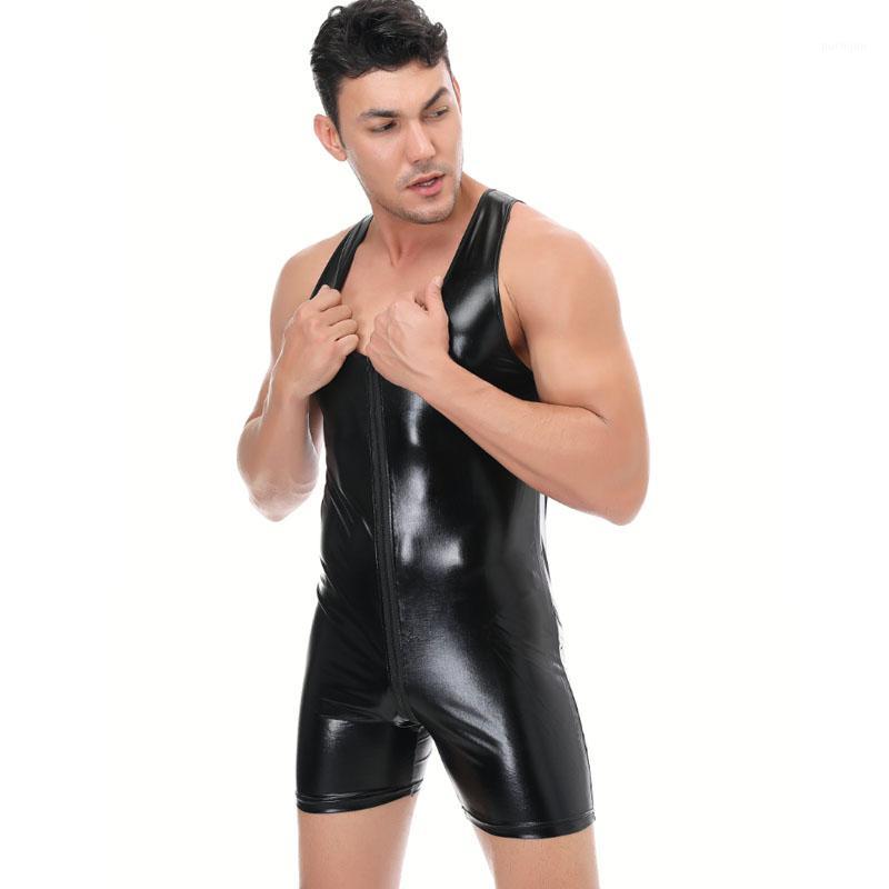 

Mens Sexy Bodysuit Jumpsuit Patent Leather Front Zipper One-piece Leotard Men Spandex Catsuit Body Suits, Black