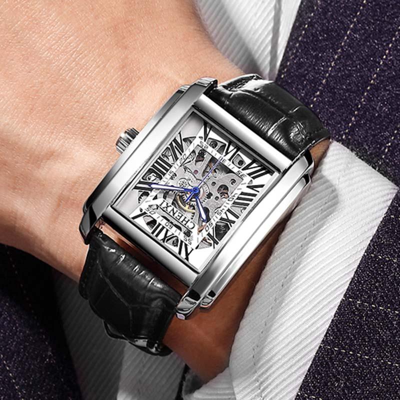 

Wristwatches CHENXI Fashion Rectangle Watch Men Casual Watches Waterproof Automatic Mechanical Skeleton RelojWristwatches, Black