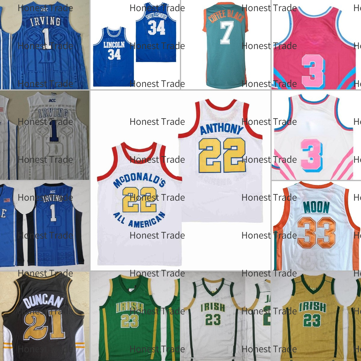 NCAA SHUTTLESWORTH St Vincent Mary High School Irish Jerseys Tim MOON White Green Kyrie 1 Duke Blue Basketball Stitched Jersey CARMELO ANTHONY Mo