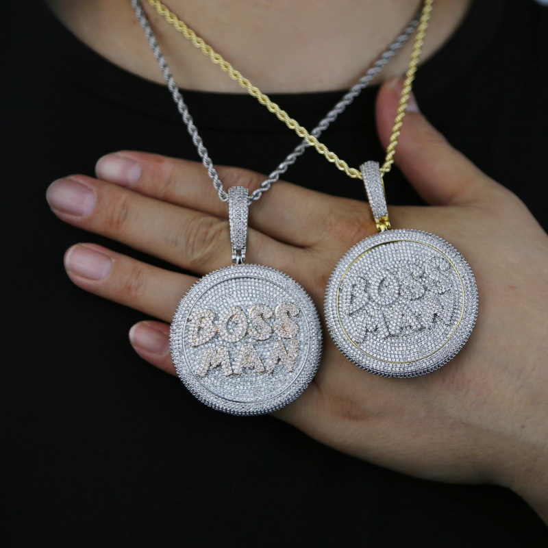 

New Round Pendant with Letter Boss Man Iced Out Bling 5A Cubic Zirconia Paved Hip Hop Jewelry for Men Women Accessories