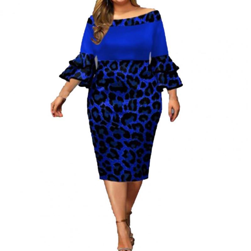 

Casual Dresses Evening Women Dress Leopard Plus Size Horn Sleeve Boat Neck Elegant For Wedding Party Dating Vestidos, Blue