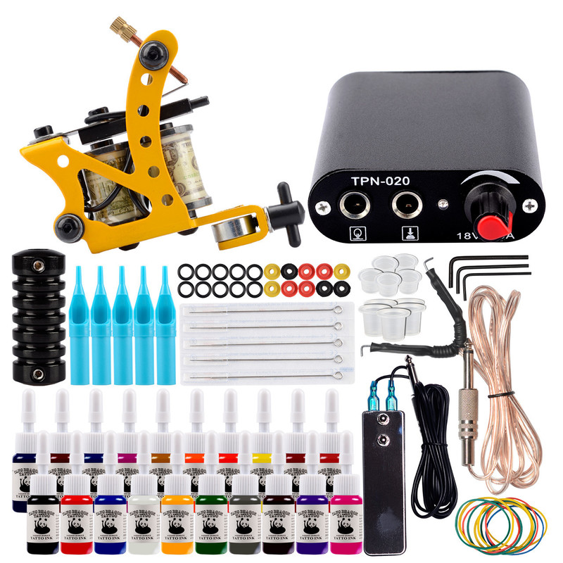 

Tattoo Kit Complete Machine Set Power Supply Black Inks Pigment Needles Accessories Body Art Design Tools 220728