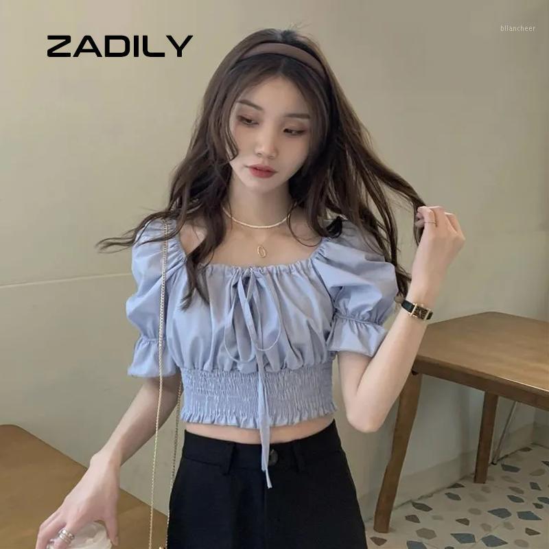 

Women' Blouses & Shirts Zadily Korean Style Short Sleeve Folds Women Sexy Bandage Square Collar Slim Corp Top Ladies 2022 Summer Chiffon Sh, Blue
