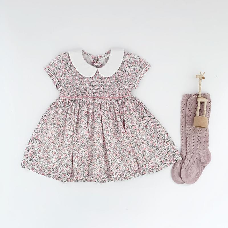 

Girl's Dresses Kids Girls Smocked Dress 2022 Summer Children Little Girl Handmade Floral Flower Print Baby Vintage Smock FrockGirl's, Pink dress