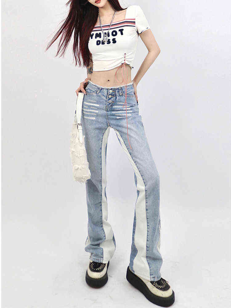 

Raw Edge Wide-leg Splice Light Blue Jeans Women's Spring Summer Slim Straight American Retro Hot Girl Design Denim Pants Female T220728