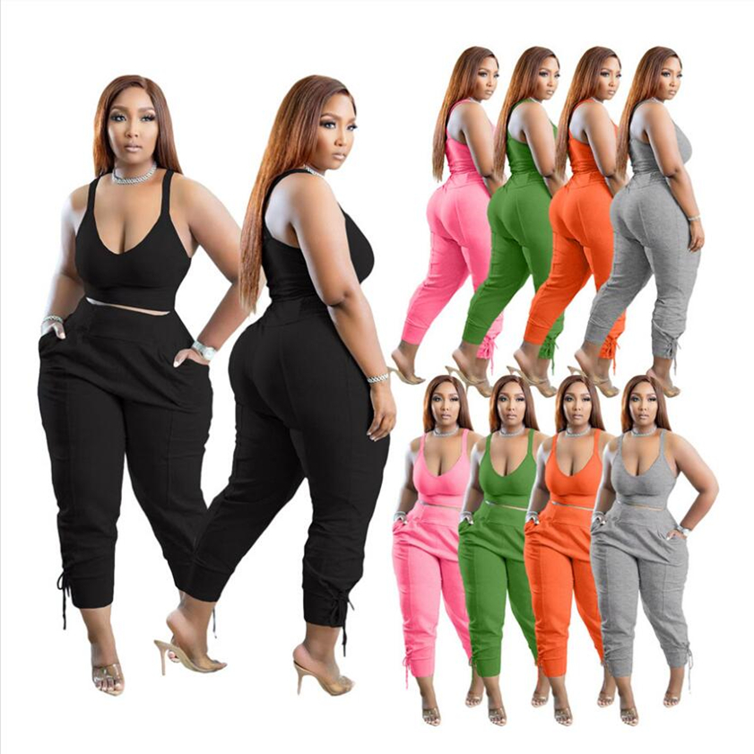 

solid color two piece set womens tracksuit sleeveless crop top camis+pants sexy v neck summer spring outfits casual ladies jogger suit 7554, Mix color