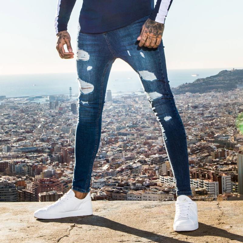 

Men' Jeans Est Skinny Hole Ripped Men Streetwear Slim Pencil Pants Casual Mid Waist Close-Fitting Stretch TrousersMen, Black