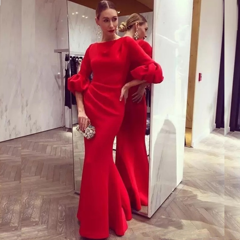 

Elegant Red Long Mermaid Evening Dress 1/2 Puffy Sleeves Jewel Neck Prom Floor Length Red Carpet Formal Dresses Party Gowns, Burgundy