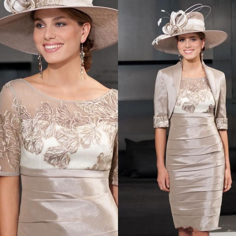

Vintage Mother of The Bride Dress Jewel Neck Short Sleeve Applique Two Pieces Wedding Guest Dresss Knee Length Evening Gown With Jacket
