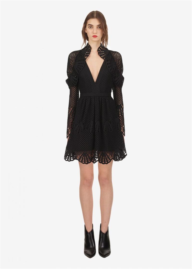 

Casual Dresses Arrive V Neck Crochet Black Mini Dress Full Sleeve Women OL LadyCasual