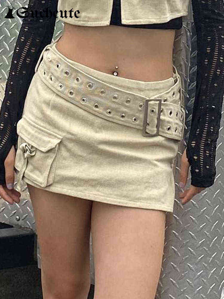

SUCHCUTE Harajuku Cargo Mini Skirt With Belt Women Y2K Fairycore Pocket Up Skirts Grunge Streetwear Casual 90s Ladies Clothes T220819, Khaki