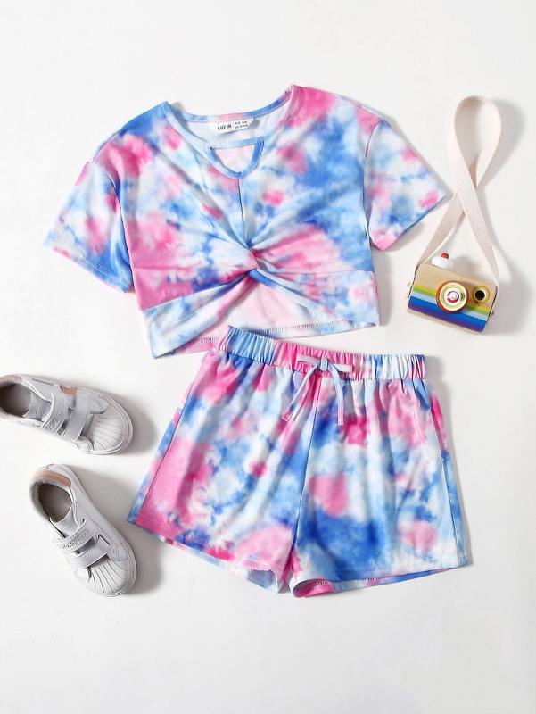 

Girls Twist Front Tie Dye Tee & Track Shorts Set SHE, Multicolor