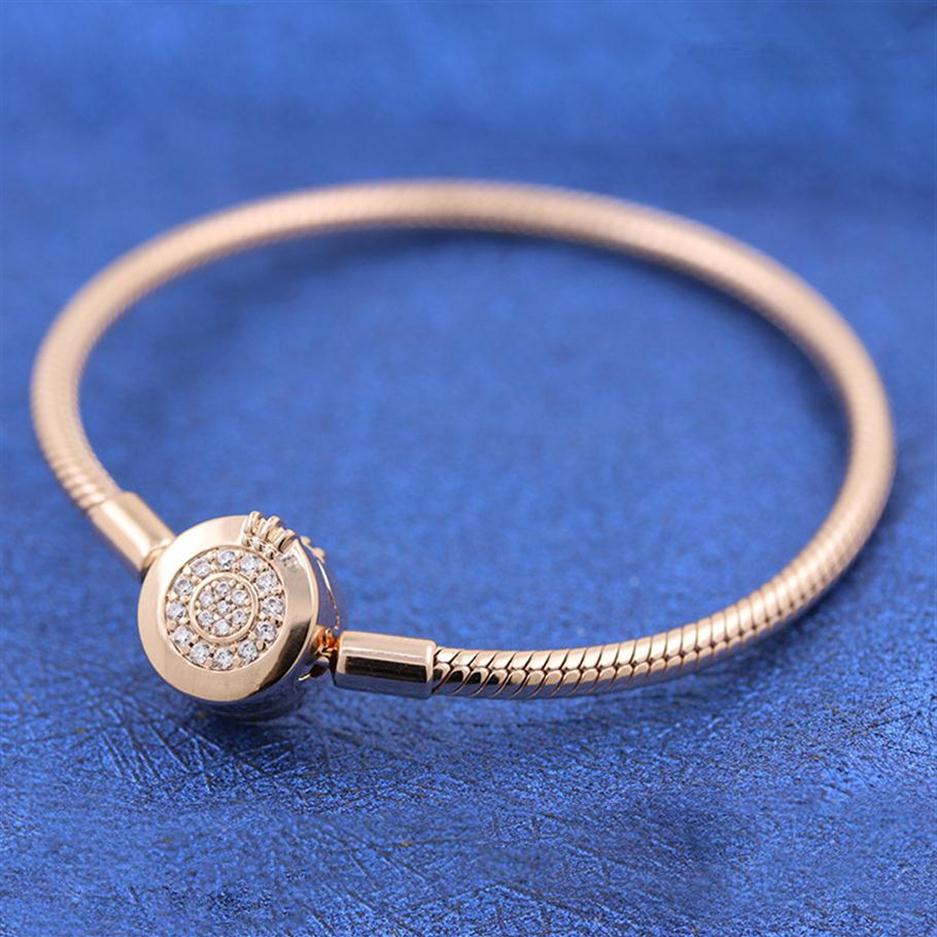 925 Sterling Silver & Rose Gold Plated Bracelet Sparkling Crown O Snake Chain Fashion Bracelet Fits For European Pandora Bracelets303l