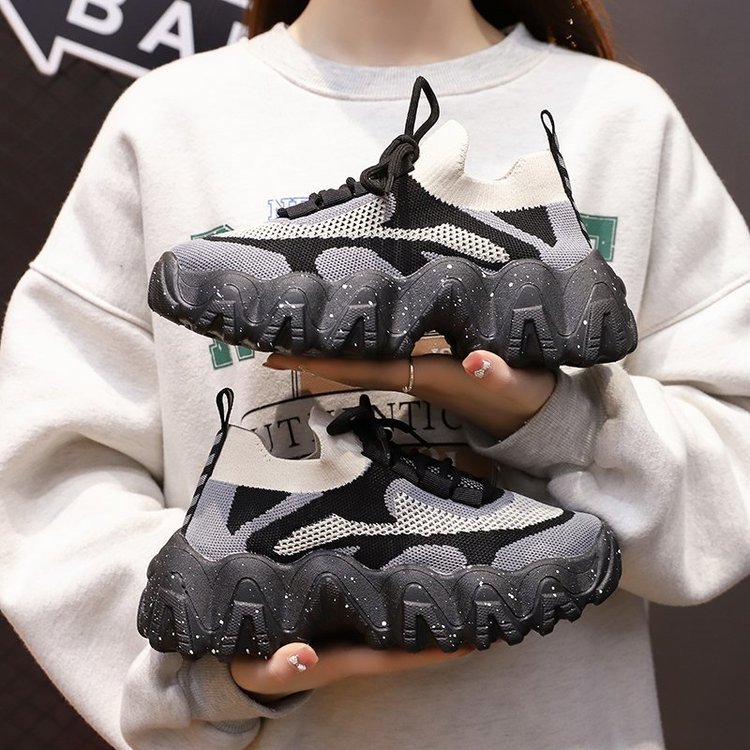 

Ins Dad Shoes Chunky Sneakers Sock Breathable Air Mesh Knitting Summer Shoes Slip on Lace Up Spring Autumn Zapatos Mujer, Black