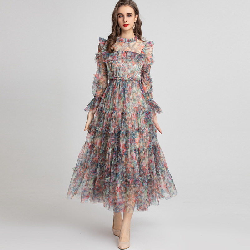 

Women's Runway Dresses O Neck Printed Long Sleeves Ruffles Elegant Fashion Party Vestidos, Purple