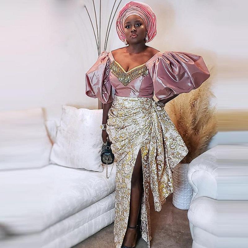 

Party Dresses Aso Ebi Mermaid Evening Puffy Sleeves Beads Side Split Pleats Half Prom Dress For African Women GownsParty, Black