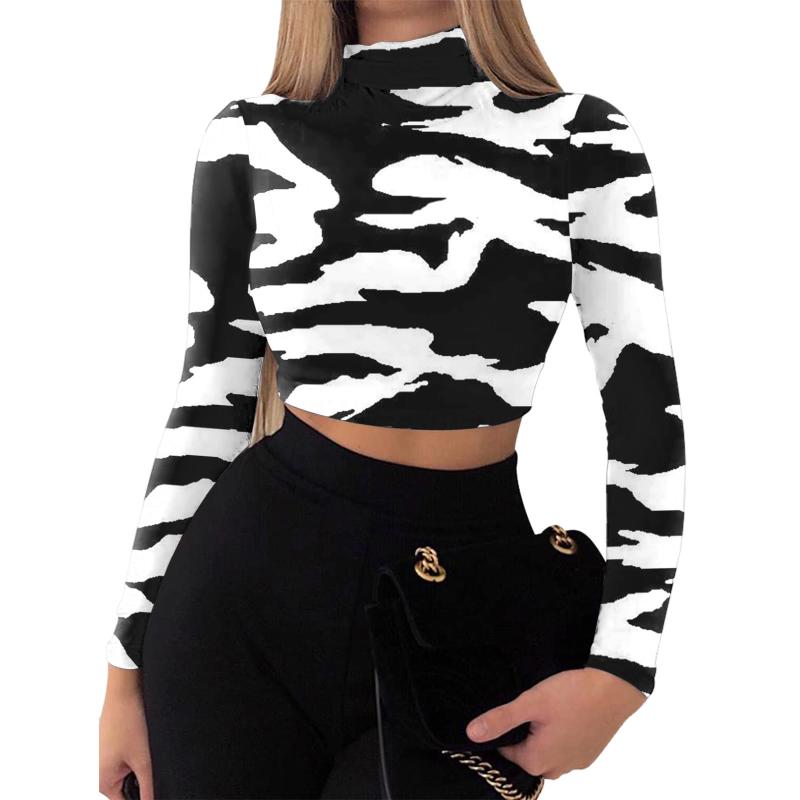 

Women's Blouses & Shirts 40# Sexy Turtleneck Crop Top Blouse PulloverÂ long Sleeve Print Tops For Women Casual Elegant Streetwear Female, White