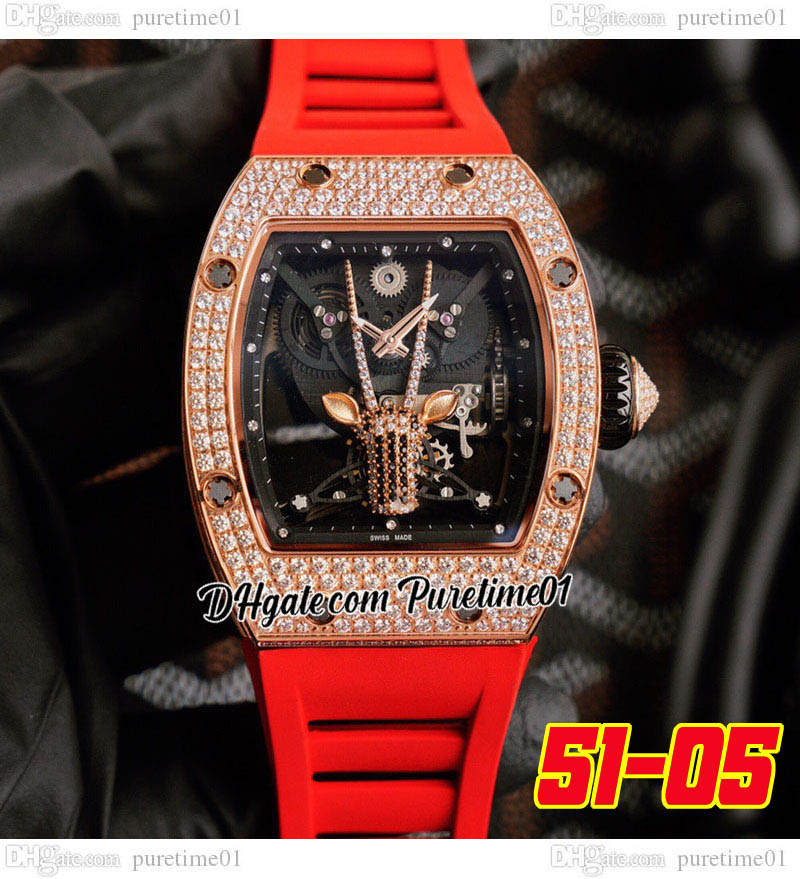 

2022 3D Diamonds Oryx Miyota Automatic Tourbillon Mens Watch 18K Rose GOLD Diamond Case Skeleton Dial Red Rubber Strap Super Edition Puretime01 E281-5105-B2, E281a (3)