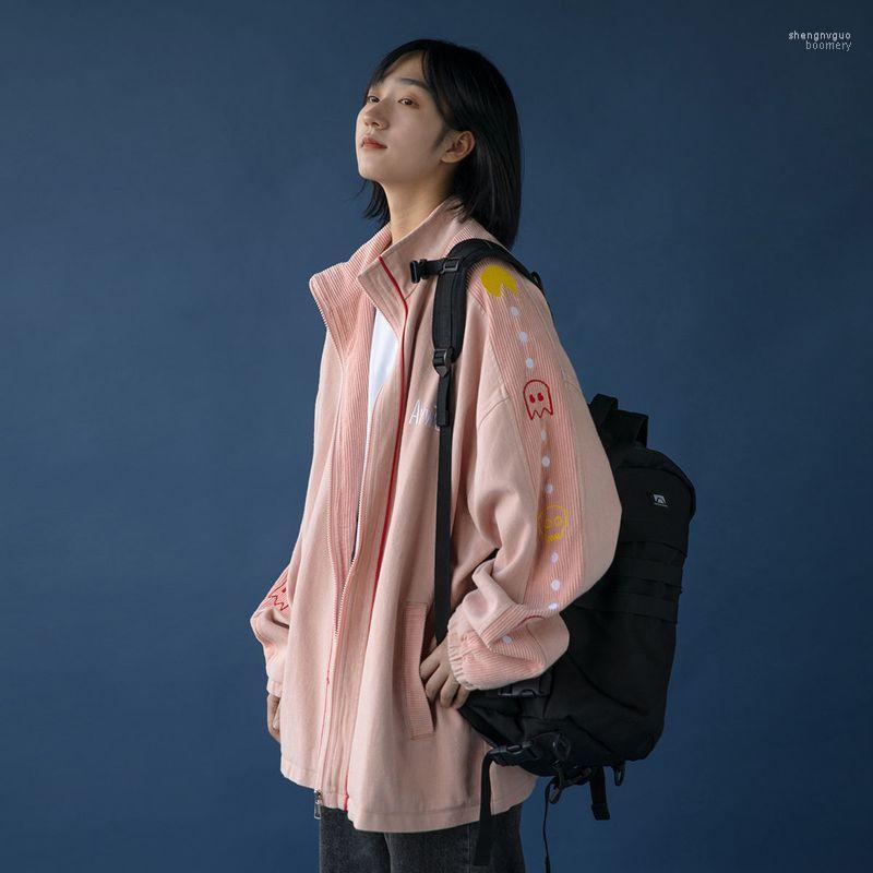 

Women's Jackets 2022 Embroidered Corduroy Jacket Trend Spring Autumn Kawaii Cartoon Korean Loose Preppy Japan Vintage Sports Coats, Pink