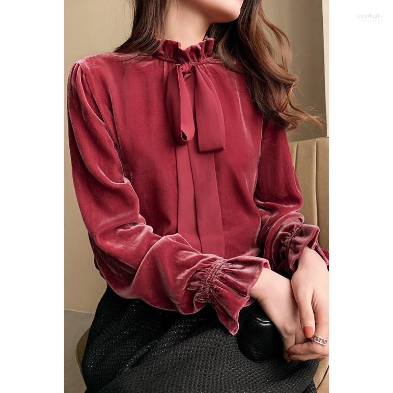 

Women' Blouses & Shirts Autumn Velvet Blouse Women Long Sleeve Top Tie Collar Ladies Girls Sweet Shirt Korean Fashion Pink Clothing Chee22, Black