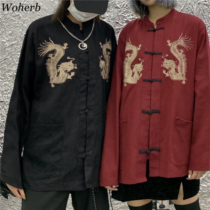 

Women's Blouses & Shirts Woherb Harajuku Dragon Embroidery 2022 Women Men Shirt Chinese Style Long Sleeve Tang Costume Blusas Tops, Black