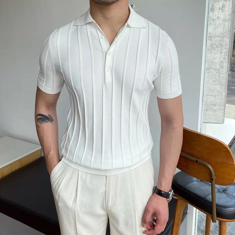 

Men's Casual Shirts 2022 Spring Summer Knit Shirt Men Turn-down Collar Button-up Fashion Striped Solid Slim Tops Ice Silk Fabric T-shir, White