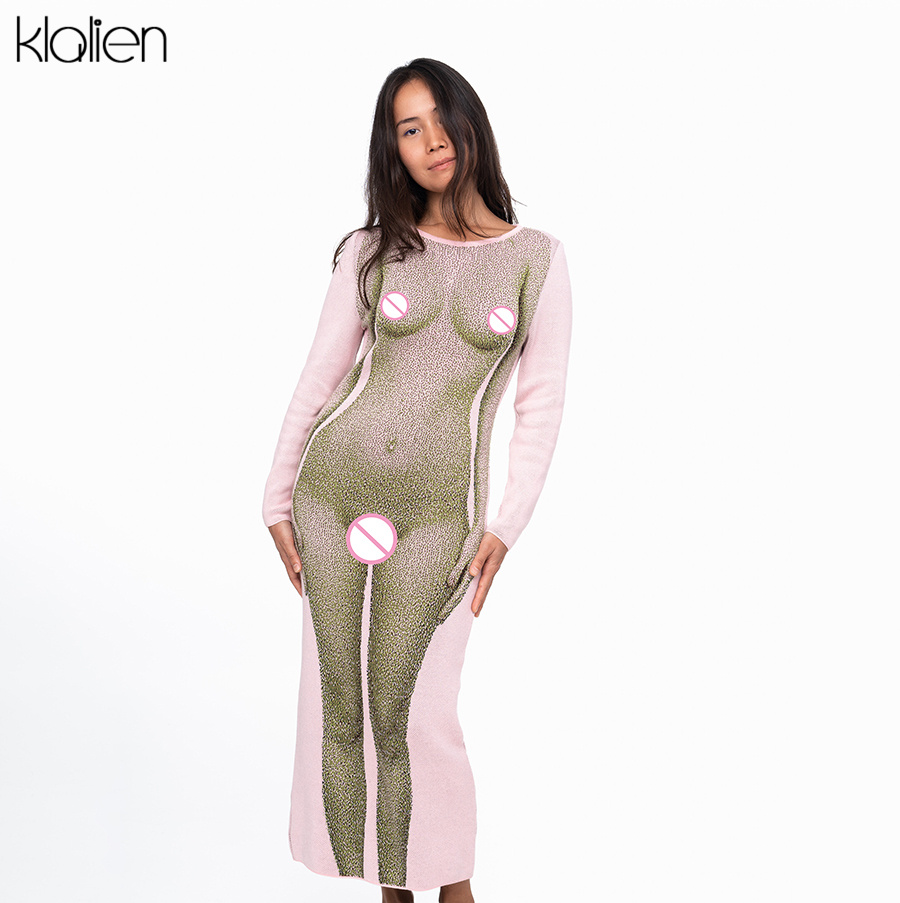 Casual Sexy Print O Neck Long Sleeve Maxi Bodycon Dresses For Women Autumn New Fashion Street Clubwear Female Dresses-image-757665864