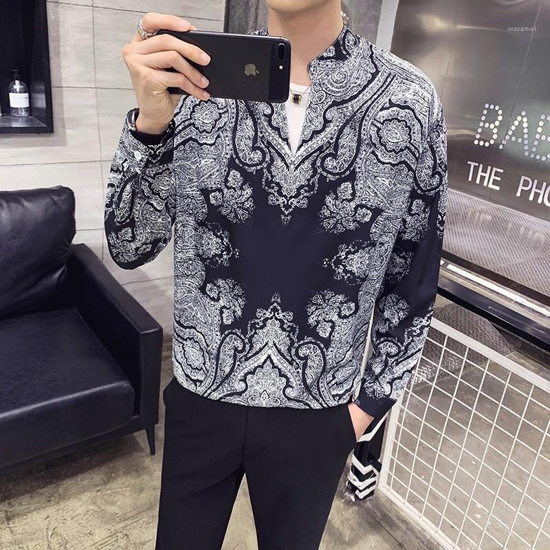 

Men's Casual Shirts Autumn Fashion Mens Long Sleeve Stand Collar Vintage Floral Printed Tops Male Pullover Shirt Camisa Masculina, As photo