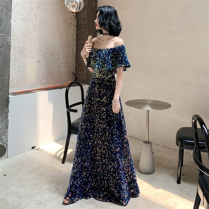 

New Sequins Evening Dress Long Vintage Prom Dress Shiny Off the Shoulder Evening Gown ALine Banquet Formal Evening Dress 201114, Picture color