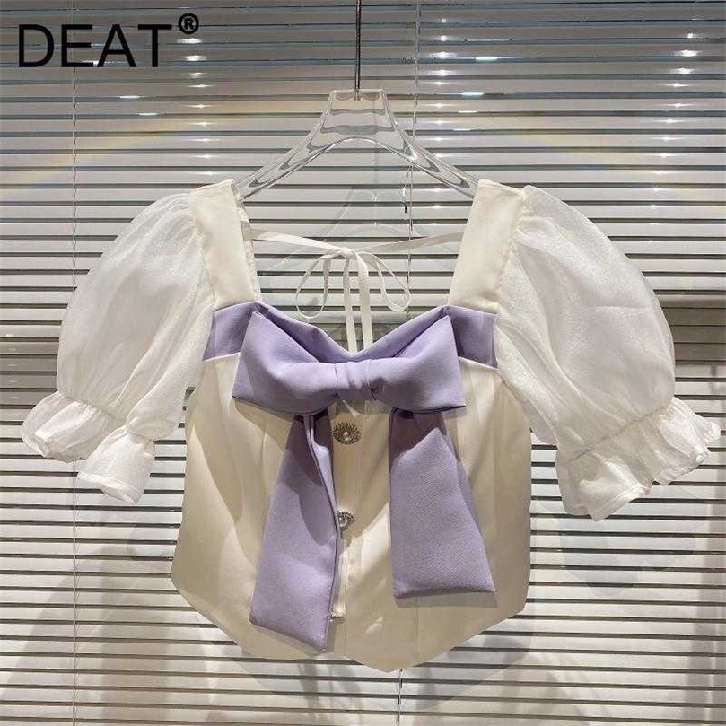 

DEAT Women Seersucker Diamond Buckle Bow Shirt Arrivals Square Collar Puff Sleeve Fashion Spring Summer 11D1387 210709, Lavedder purple bow
