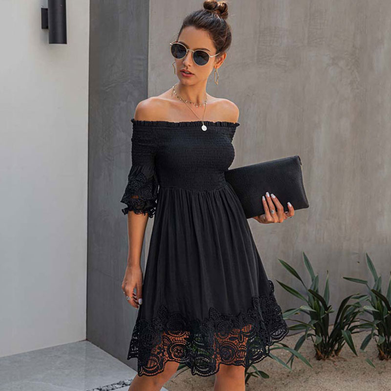

2022 Summer Black White Lace Dress Women Midi Elegant Party Dress Ladies Sexy Elastic Strapless Off Shoulder Dresses For XXL
