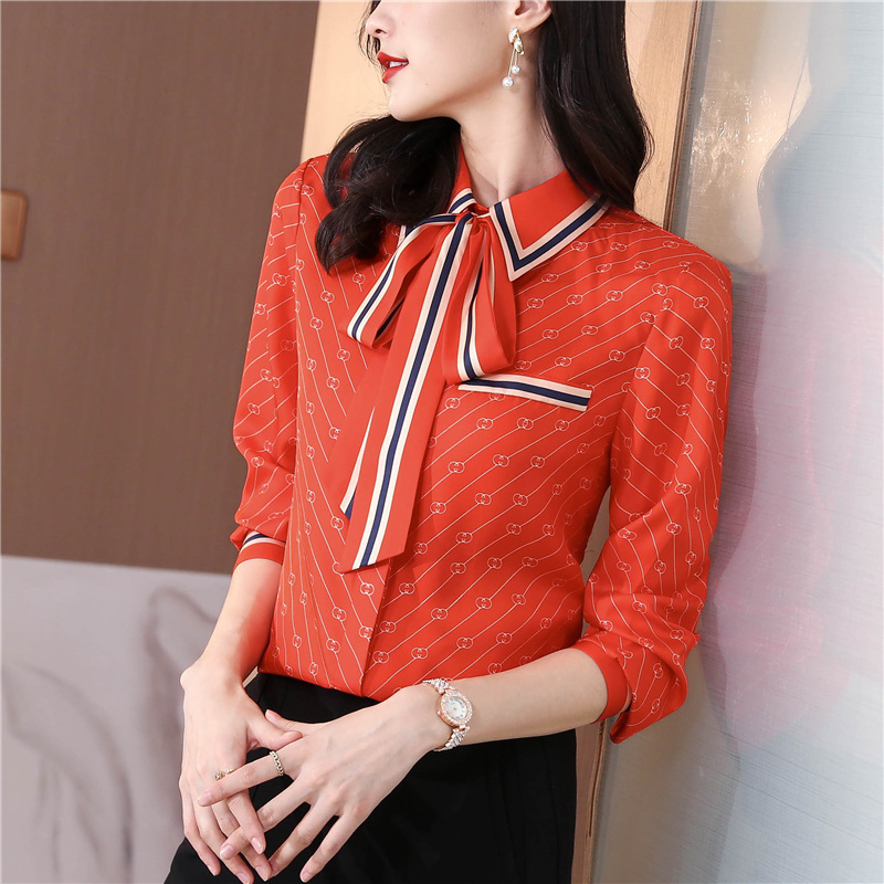 

2022 Vintage Women Ribbon Bow Orange Shirt Long Sleeve Classic Lapel Silk Print Blouses Elegant Ladies Office Button Shirts Tops Spring Autumn Designer Blouse Woman