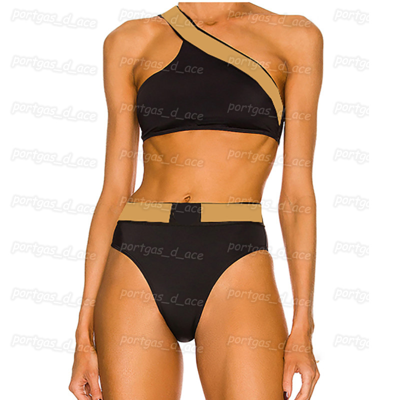 

One Shoulder Womens Bikinis Printed Split Black Swimwear Sexy High Waist Padded Swimsuit, Black with label#6097