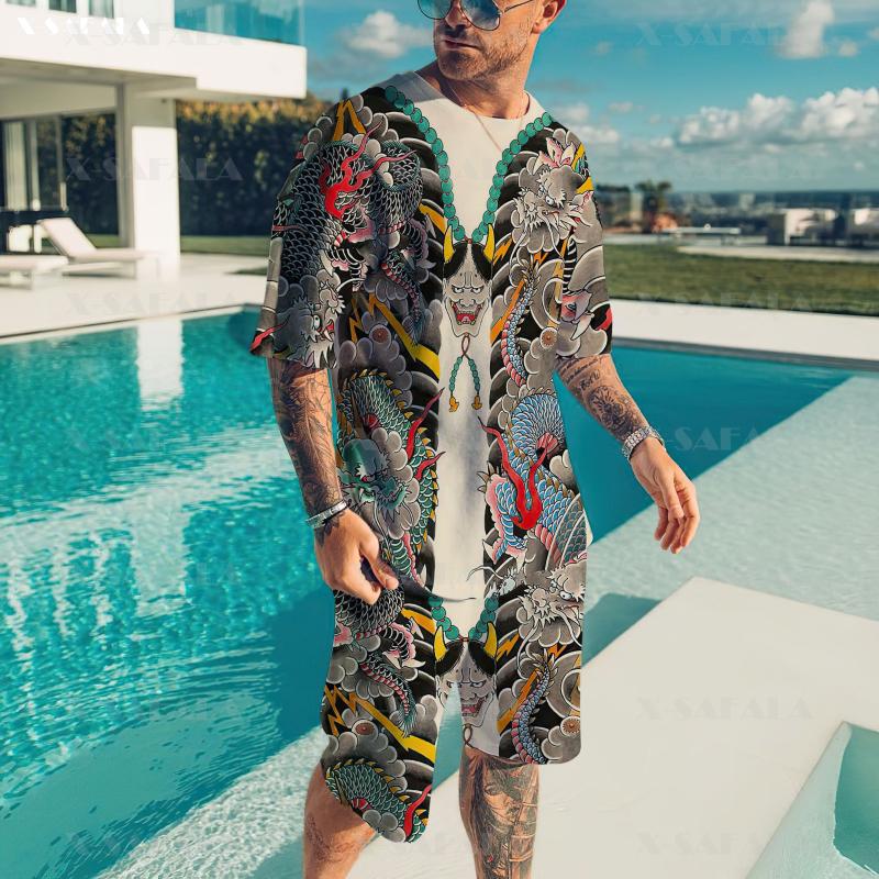 

Men' Tracksuits Samurai Mask Tattoo Art Armor Tshirt Short Combo Beach Set Men Summer Sleeve Casual Mens T-Shirt BoardShorts -9Men, D963 t shirt