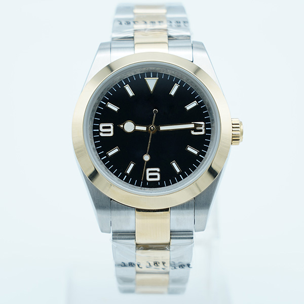 

Lume Two Tone Men Watch High Quality Automatic 36MM Smooth Bezel Black Dial Flod Clasp Sapphire Glass Mens Wristwatches