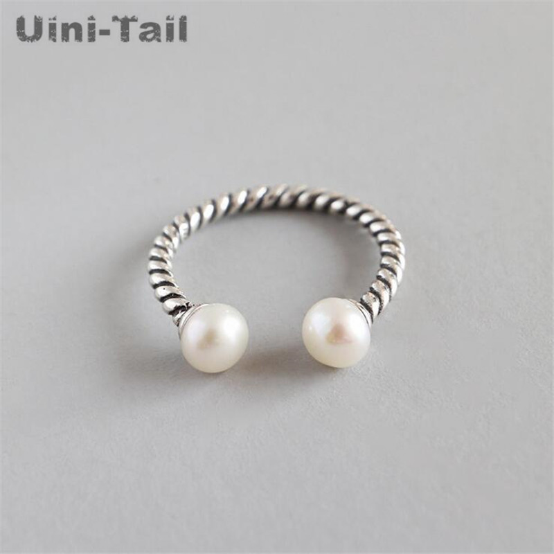 

Uini Tail Korea 925 Tibetan silver Fashion Personality Retro Twist Pearl Open Ring Trend High Quality 220716