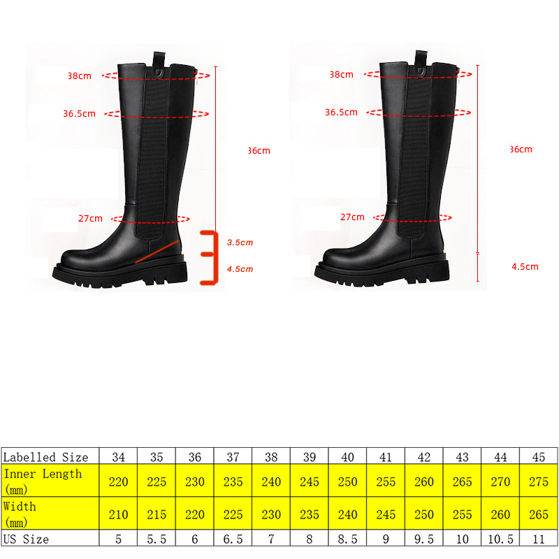 

Punk Style Knee High Boots Genuine Leather Elastic Microfiber Shoes Platform Wedge Boots High Heels Motorcycle Botas, Black 4.5cm no plush