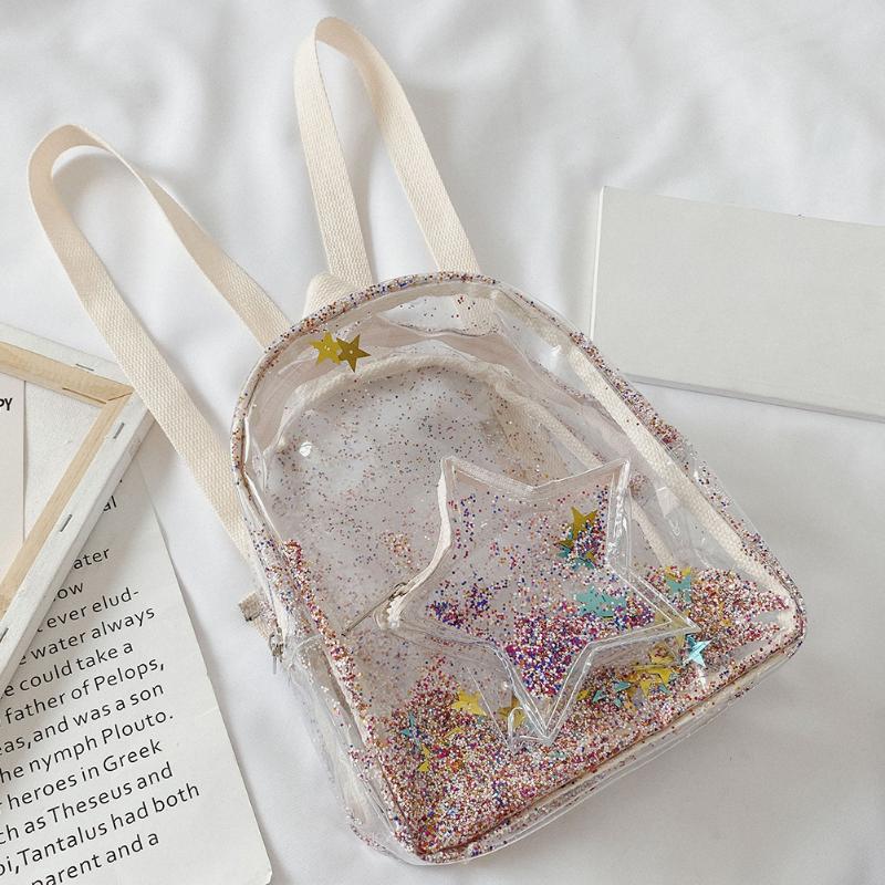 

School Bags Transparent PVC Backpack Kids Glitter Stars Shoulder Travel Bagpack Ladies Small Bag, As pic