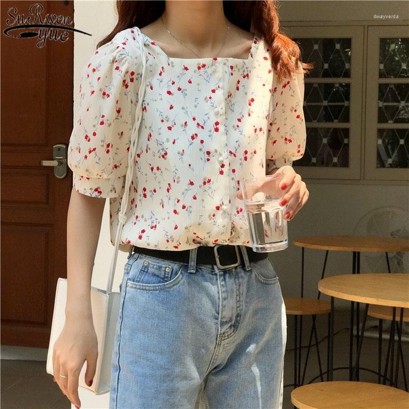 

Women's Blouses & Shirts Summer Puff Short Sleeve Women's Blouse Korean Square Collar Print Floral Chiffon Shirt Woman Sweet Female Tops, Blue
