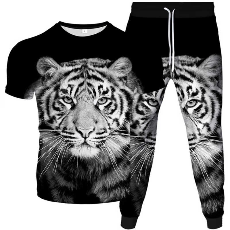 

Men' Tracksuits Men' Animal Tiger Short Sleeve T-Shirt Jogging Long Pants 2Pc Set Women Fashion Tracksuit Male Sportwear Tops Trousers, As picture show