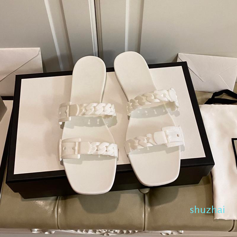 

2022 Designer Women's Slippers Designers Plastic Chain Jelly Sandals Summer Ladies Candy Color Flat Slippers Fashion Patent Leather Stylist, Red