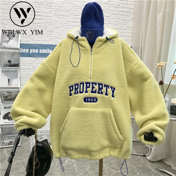 

Autumn Winter Thick Warm Lambswool Sweatshirt Women Hoodies Fashion Letter Embroidery Pullover Female Loose Hooded Sweatshirts Women's &, Yellow