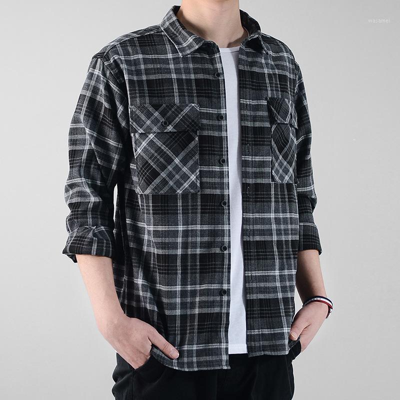 

Spring Autumn Vintage Plaid Single Breasted Loose Leisure Korea Style Lapel Shirt Men High Quality Smart Casual Business Blouses Men's, Ep2101 black grey